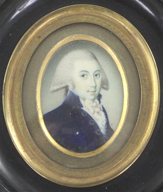 18th century English School Miniature of a gentleman wearing a blue coat 1.75 x 1.25in.